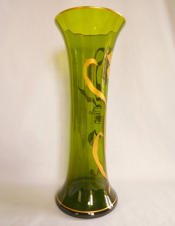 Tall St Louis crystal vase, green crystal enhanced with gilt iris decoration, Art Nouveau period