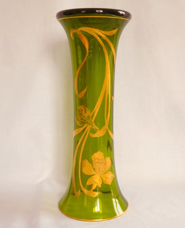 Tall St Louis crystal vase, green crystal enhanced with gilt iris decoration, Art Nouveau period