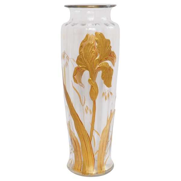 Vase en cristal de Baccarat, côtes vénitiennes, modèle à l'iris doré à l'or fin, époque Art Nouveau