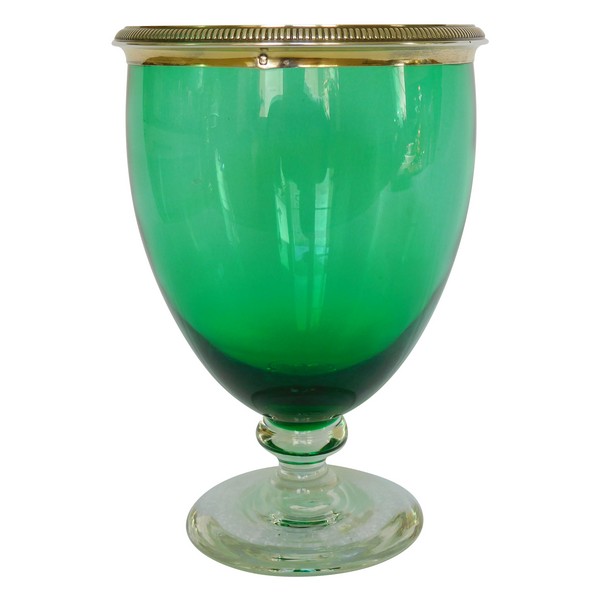 Green Baccarat crystal vase, vermeil mounting (gilt sterling silver)