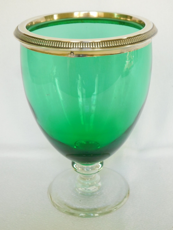 Green Baccarat crystal vase, vermeil mounting (gilt sterling silver)