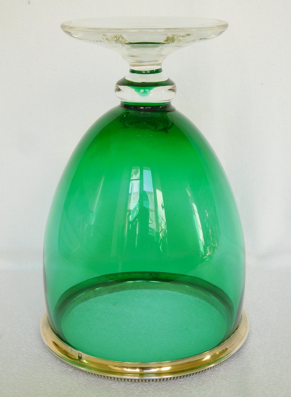 Green Baccarat crystal vase, vermeil mounting (gilt sterling silver)