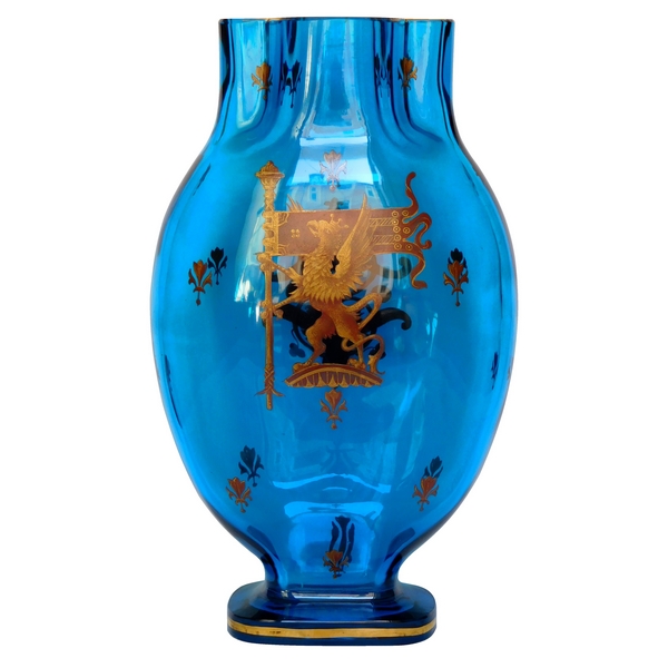 Tall Baccarat turquoise blue crystal vase, heraldic gilt decoration - France 19th century circa 1880