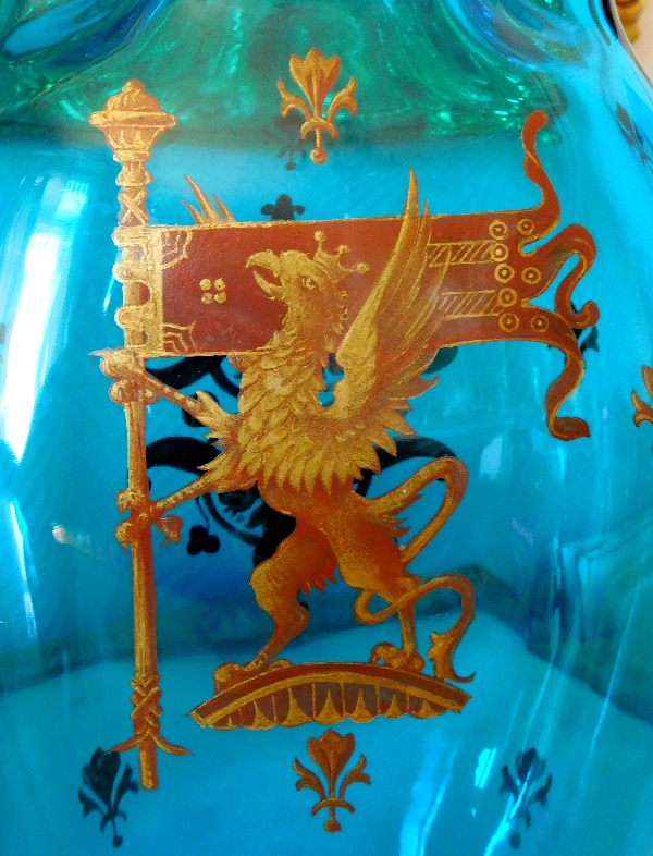 Tall Baccarat turquoise blue crystal vase, heraldic gilt decoration - France 19th century circa 1880