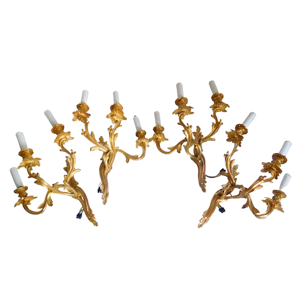 Set of 4 ormolu Louis XV style wall lights, 19th century production - 3 lights