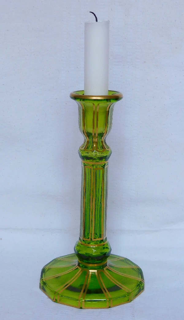 Green Baccarat crystal candlestick enhanced with fine gold, original paper sticker