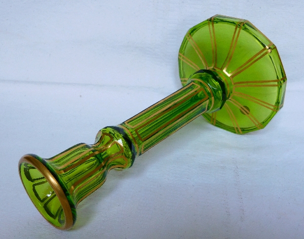 Green Baccarat crystal candlestick enhanced with fine gold, original paper sticker