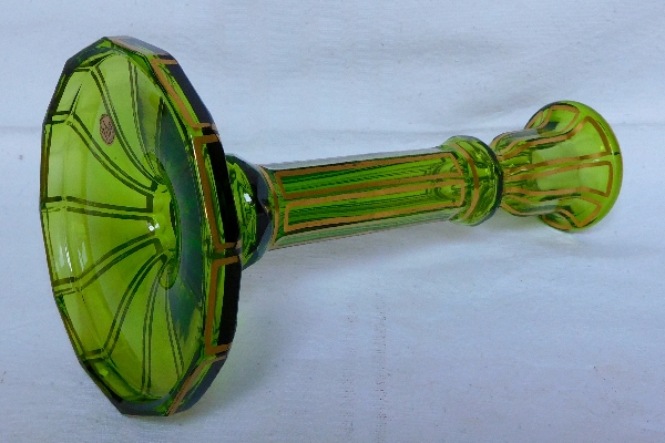 Green Baccarat crystal candlestick enhanced with fine gold, original paper sticker