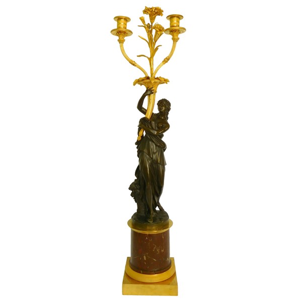 Francois Remond : tall ormolu and patinated bronze candelabra featuring nymph Flora, late 18th century