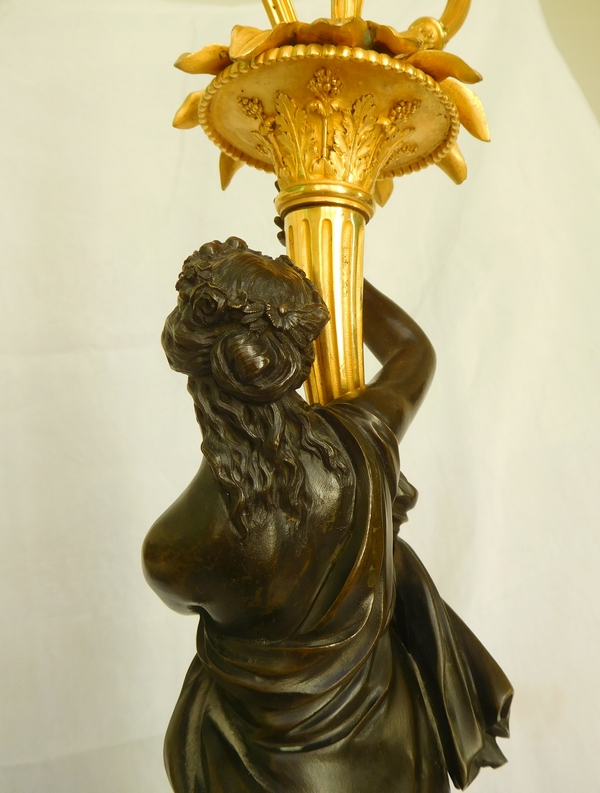 Francois Remond : tall ormolu and patinated bronze candelabra featuring nymph Flora, late 18th century