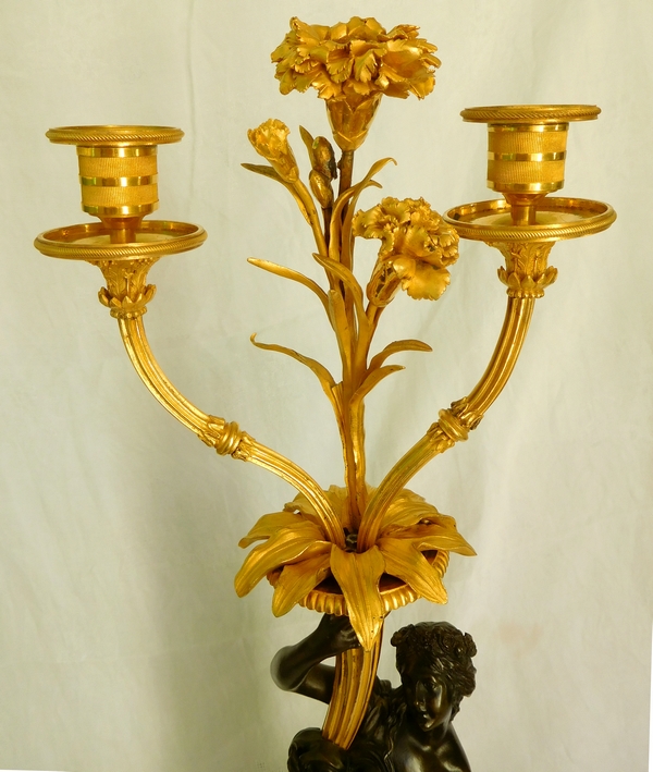 Francois Remond : tall ormolu and patinated bronze candelabra featuring nymph Flora, late 18th century