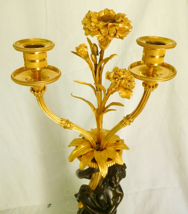 Francois Remond : tall ormolu and patinated bronze candelabra featuring nymph Flora, late 18th century