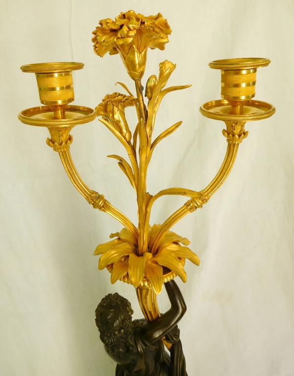 Francois Remond : tall ormolu and patinated bronze candelabra featuring nymph Flora, late 18th century