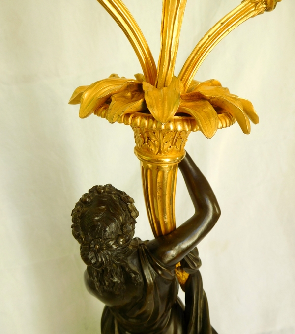 Francois Remond : tall ormolu and patinated bronze candelabra featuring nymph Flora, late 18th century