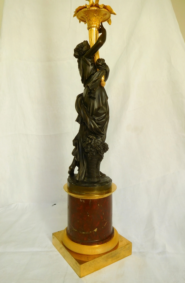Francois Remond : tall ormolu and patinated bronze candelabra featuring nymph Flora, late 18th century