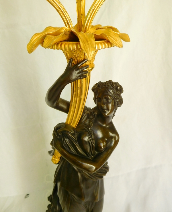 Francois Remond : tall ormolu and patinated bronze candelabra featuring nymph Flora, late 18th century