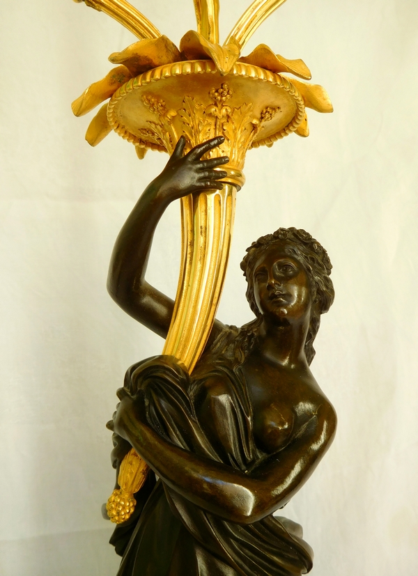 Francois Remond : tall ormolu and patinated bronze candelabra featuring nymph Flora, late 18th century