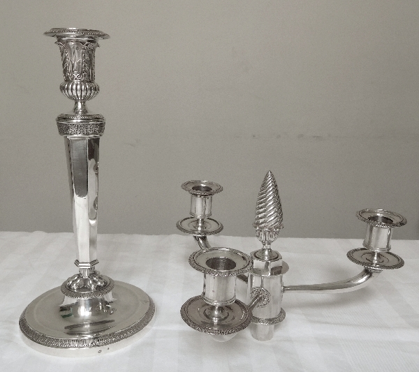 Antique French pair of Empire sterling silver candelabras, early 19th century