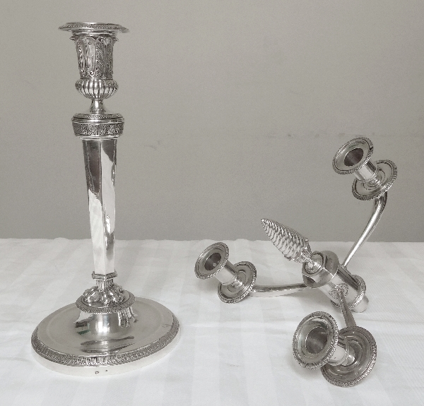 Antique French pair of Empire sterling silver candelabras, early 19th century