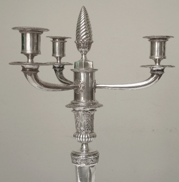 Antique French pair of Empire sterling silver candelabras, early 19th century