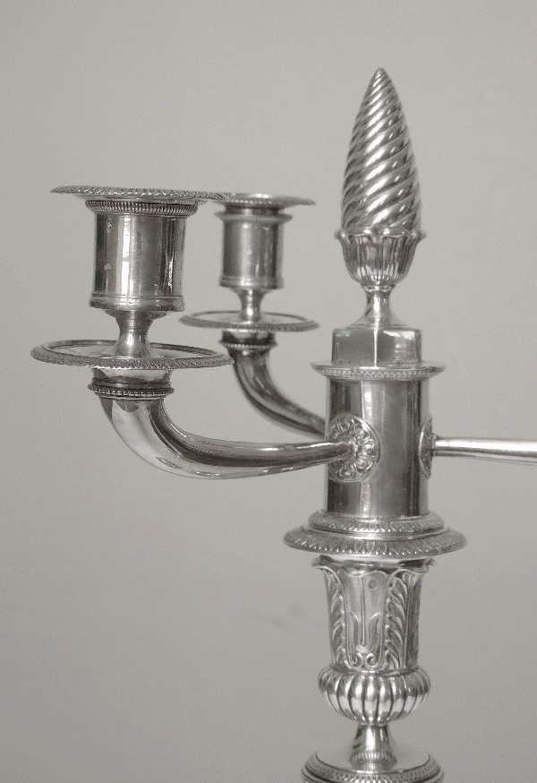 Antique French pair of Empire sterling silver candelabras, early 19th century