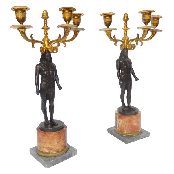 Pair of bronze and marble candelabras - pharaoh - Empire period, early 19th century