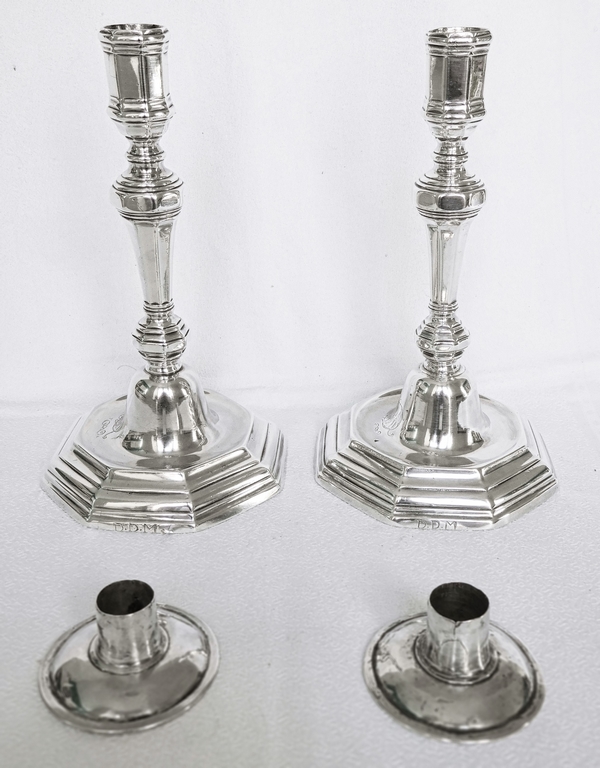 Pair of sterling silver Louis XIV style candlesticks, 18th century production circa 1760