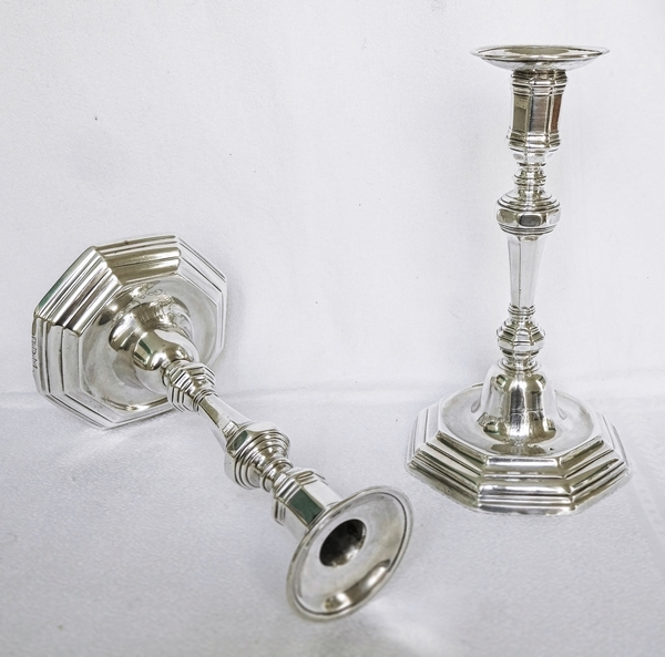 Pair of sterling silver Louis XIV style candlesticks, 18th century production circa 1760