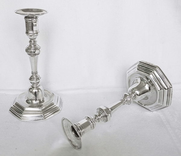 Pair of sterling silver Louis XIV style candlesticks, 18th century production circa 1760