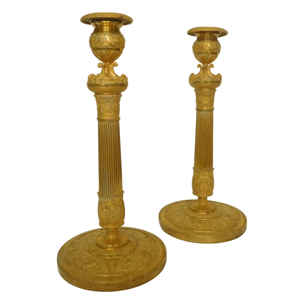 Pair of very tall Empire ormolu candlesticks - early 19th century circa 1820