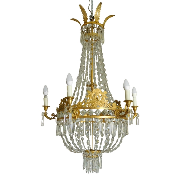 Grand lustre corbeille en cristal et bronze doré au mercure, époque Empire, 9 lumières