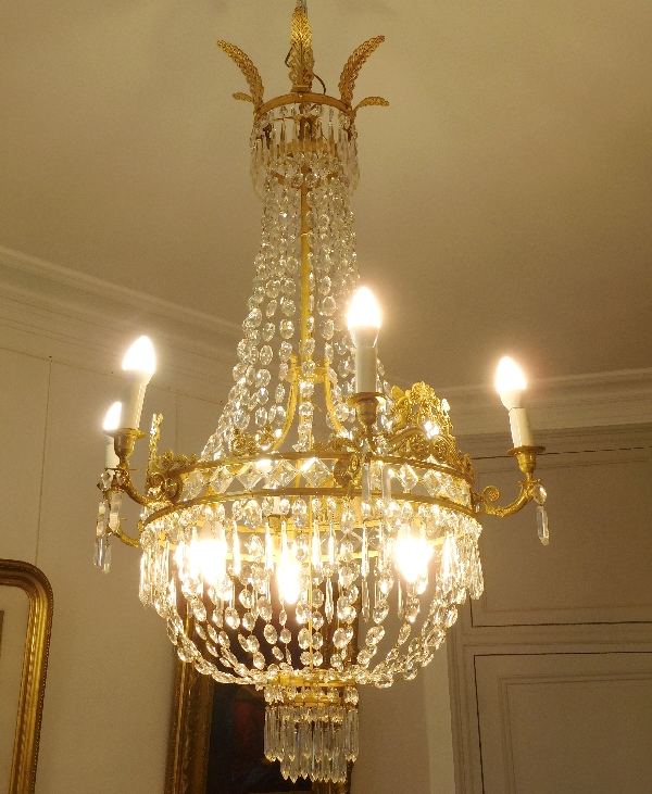 Grand lustre corbeille en cristal et bronze doré au mercure, époque Empire, 9 lumières