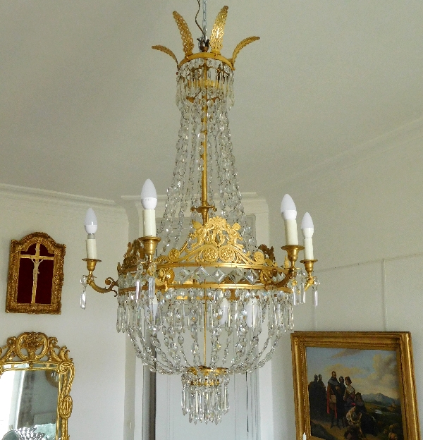 Grand lustre corbeille en cristal et bronze doré au mercure, époque Empire, 9 lumières