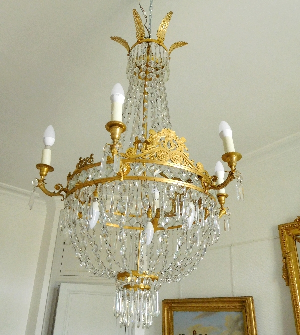 Grand lustre corbeille en cristal et bronze doré au mercure, époque Empire, 9 lumières