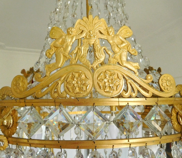 Grand lustre corbeille en cristal et bronze doré au mercure, époque Empire, 9 lumières