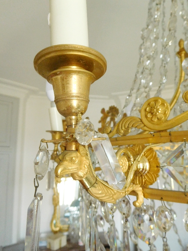 Grand lustre corbeille en cristal et bronze doré au mercure, époque Empire, 9 lumières