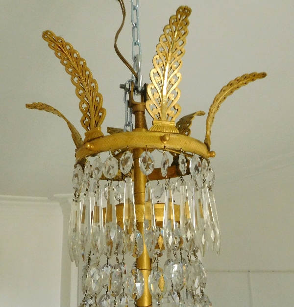 Grand lustre corbeille en cristal et bronze doré au mercure, époque Empire, 9 lumières