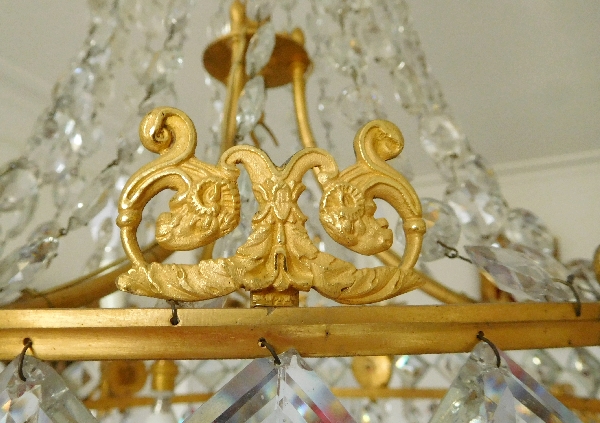 Grand lustre corbeille en cristal et bronze doré au mercure, époque Empire, 9 lumières