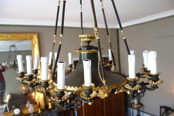 Large Empire antique style patinated bronze and ormolu chandelier - 19th century circa 1830
