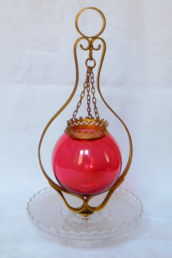 Baccarat crystal oil lamp, red and clear crystal, Renaissance pattern - signed