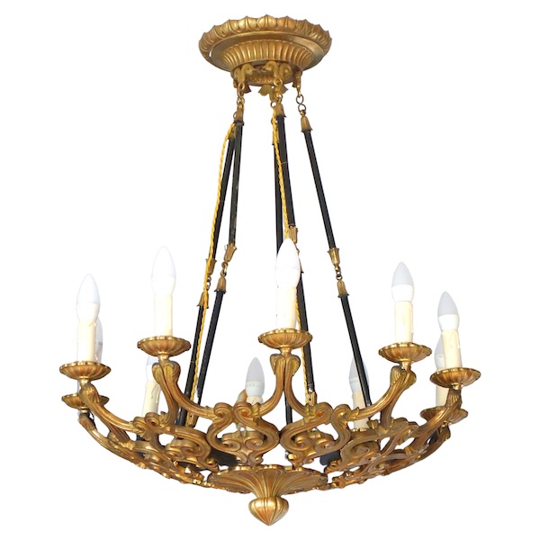 Large 10 lights patinated bronze & ormolu chandelier, 19th century circa 1840