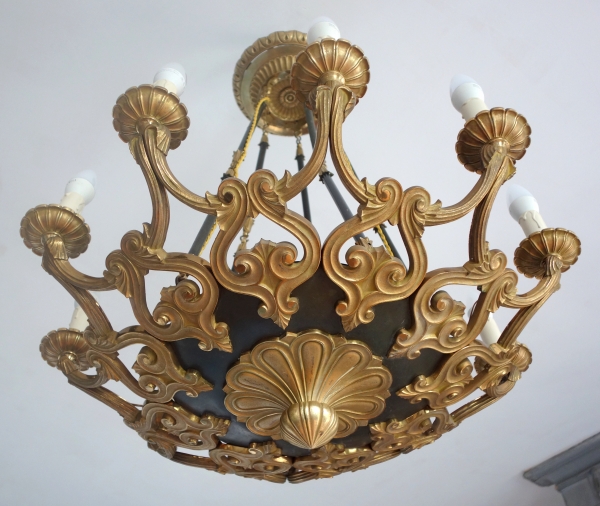 Large 10 lights patinated bronze & ormolu chandelier, 19th century circa 1840