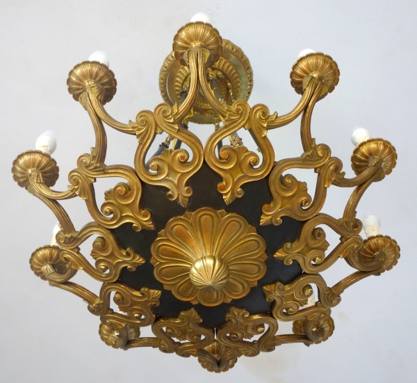 Large 10 lights patinated bronze & ormolu chandelier, 19th century circa 1840