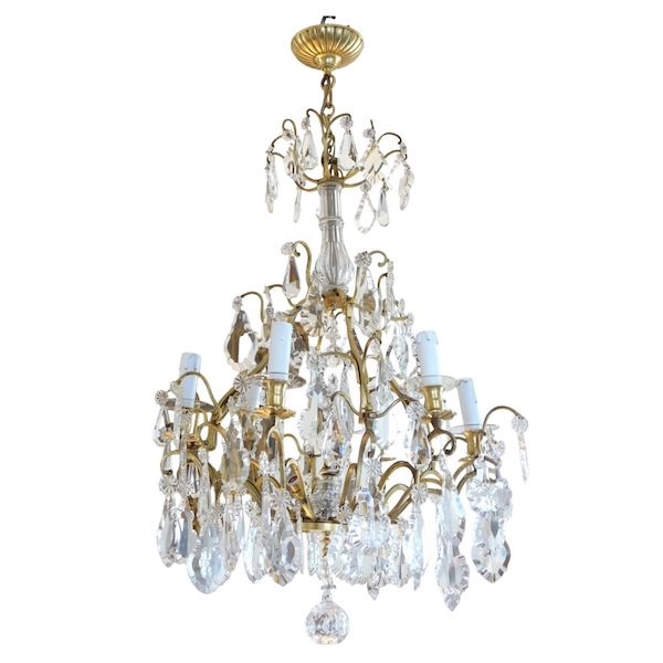 Lustre cage à 9 feux de style Louis XV, pampilles en cristal taillé de Baccarat