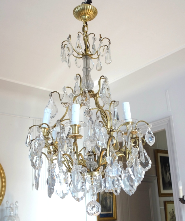 Lustre cage à 9 feux de style Louis XV, pampilles en cristal taillé de Baccarat