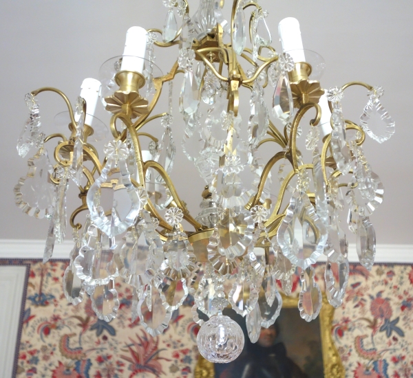 Lustre cage à 9 feux de style Louis XV, pampilles en cristal taillé de Baccarat