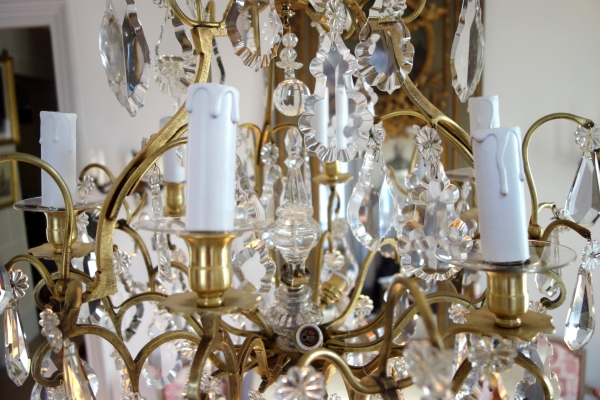 Lustre cage à 9 feux de style Louis XV, pampilles en cristal taillé de Baccarat