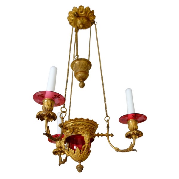 Lustre en bronze doré et cristal rouge d'époque XIXe - lampe de sanctuaire