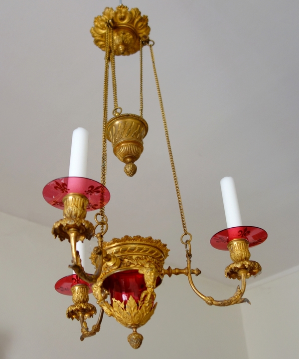 Lustre en bronze doré et cristal rouge d'époque XIXe - lampe de sanctuaire