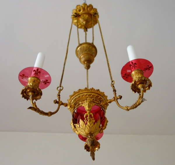 Lustre en bronze doré et cristal rouge d'époque XIXe - lampe de sanctuaire